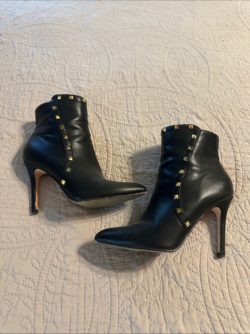 Black Leather Pointed-Toe Studded Ankle Boots